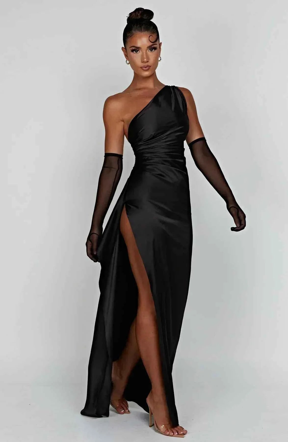 Women's Elegant Satin One-Shoulder Slit Dress Black