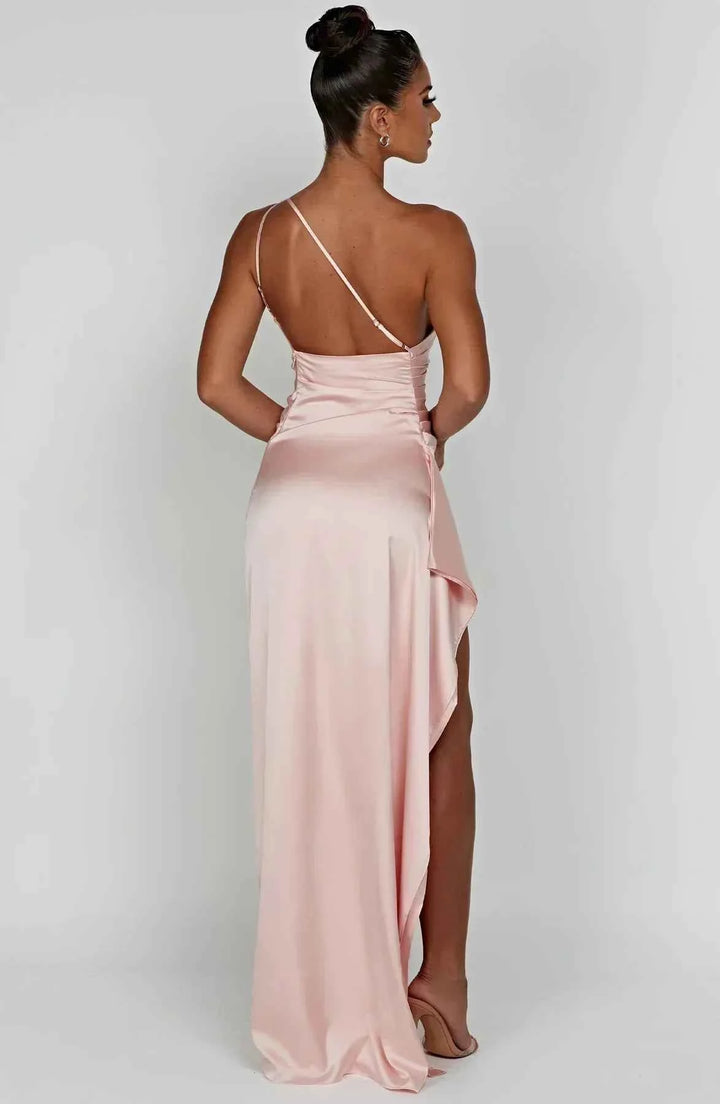 Women's Elegant Satin One-Shoulder Slit Dress