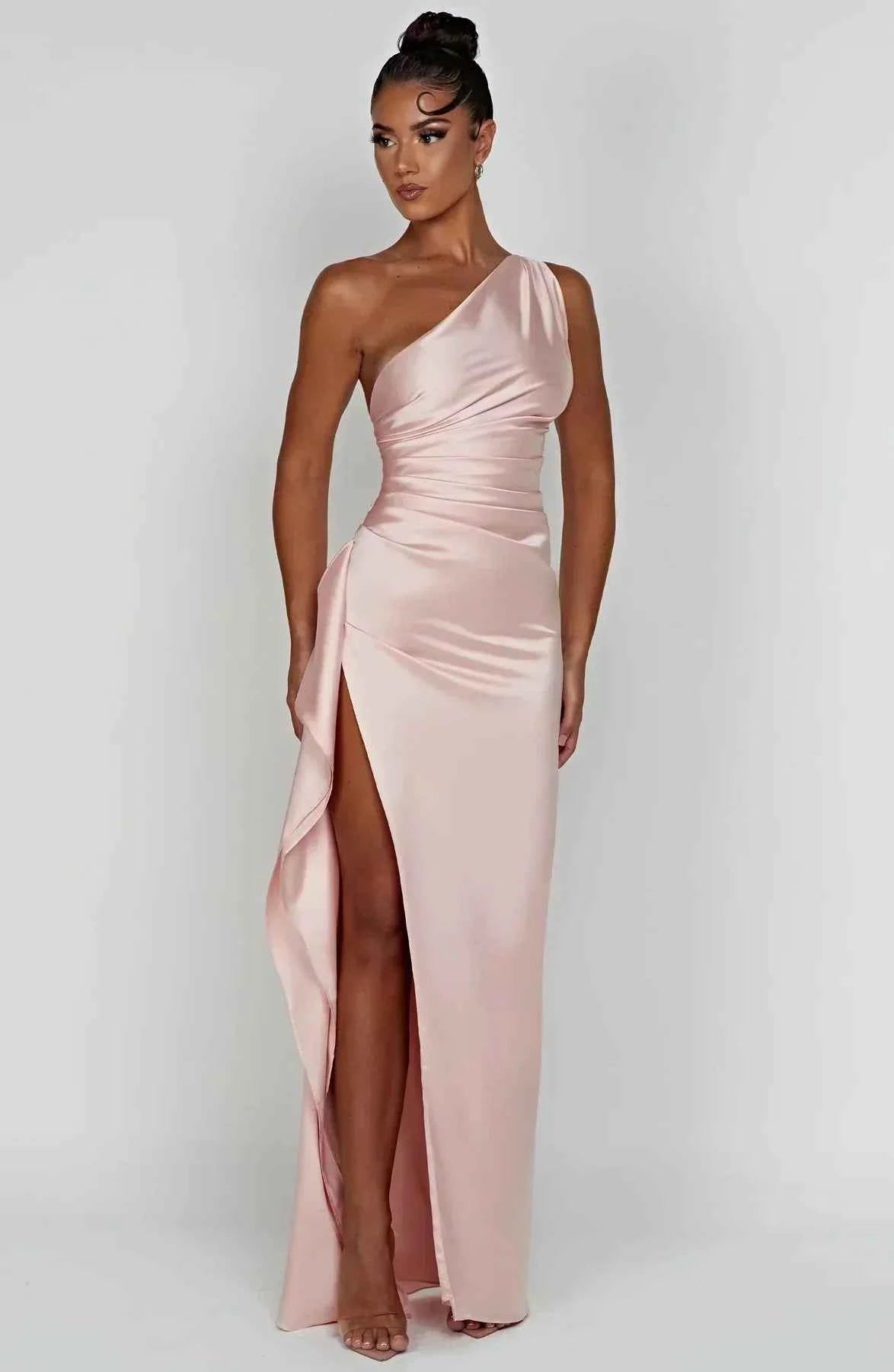 Women's Elegant Satin One-Shoulder Slit Dress Light Pink