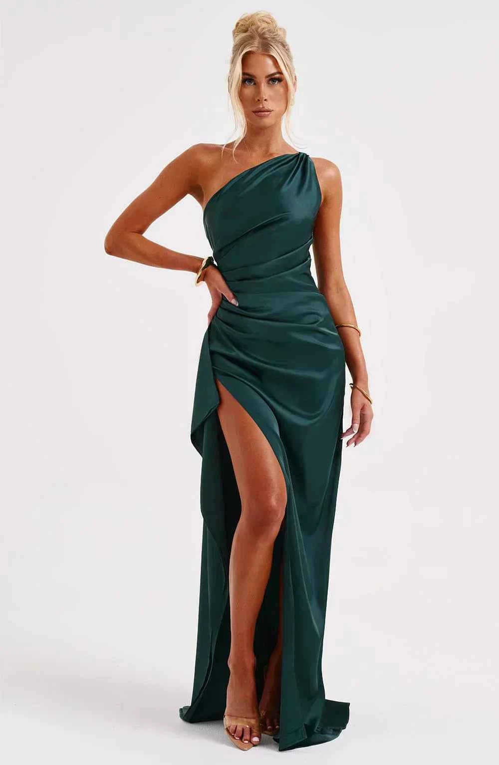 Women's Elegant Satin One-Shoulder Slit Dress Dark Green