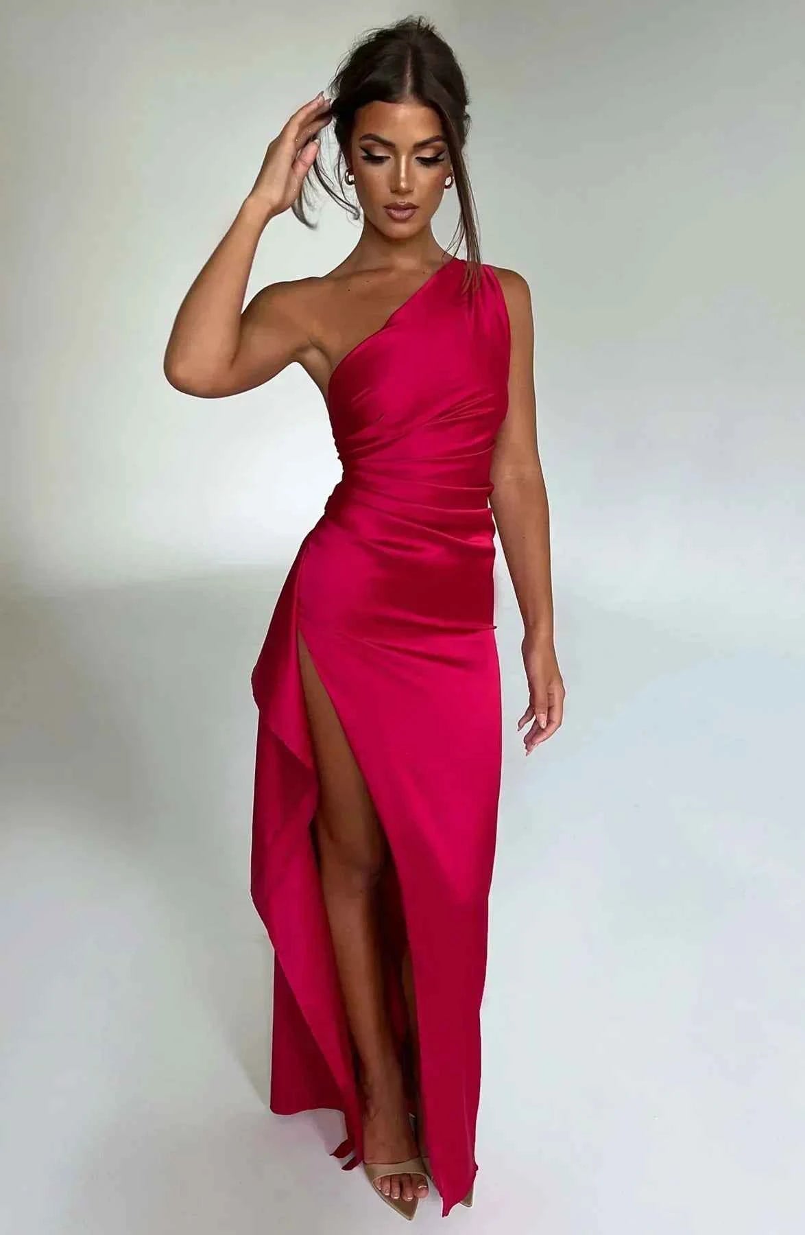 Women's Elegant Satin One-Shoulder Slit Dress
