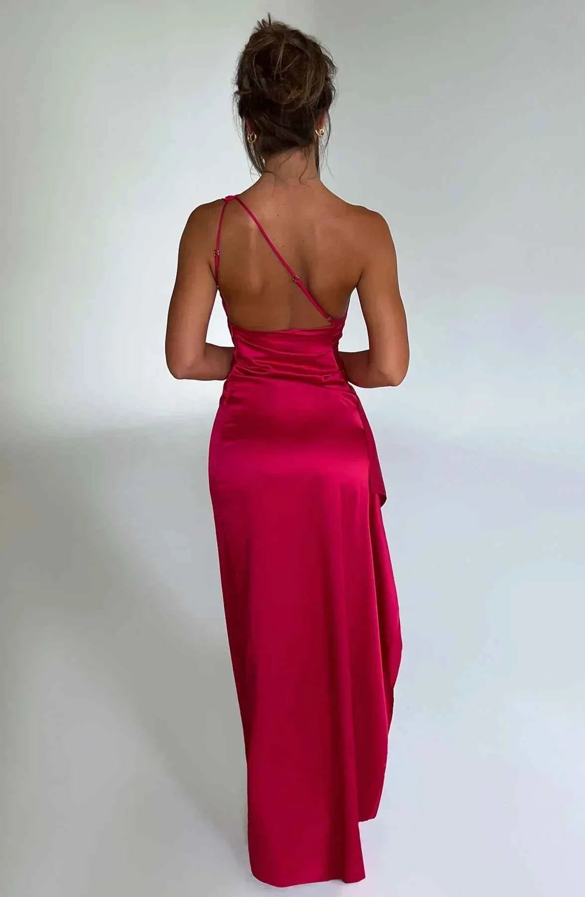 Women's Elegant Satin One-Shoulder Slit Dress