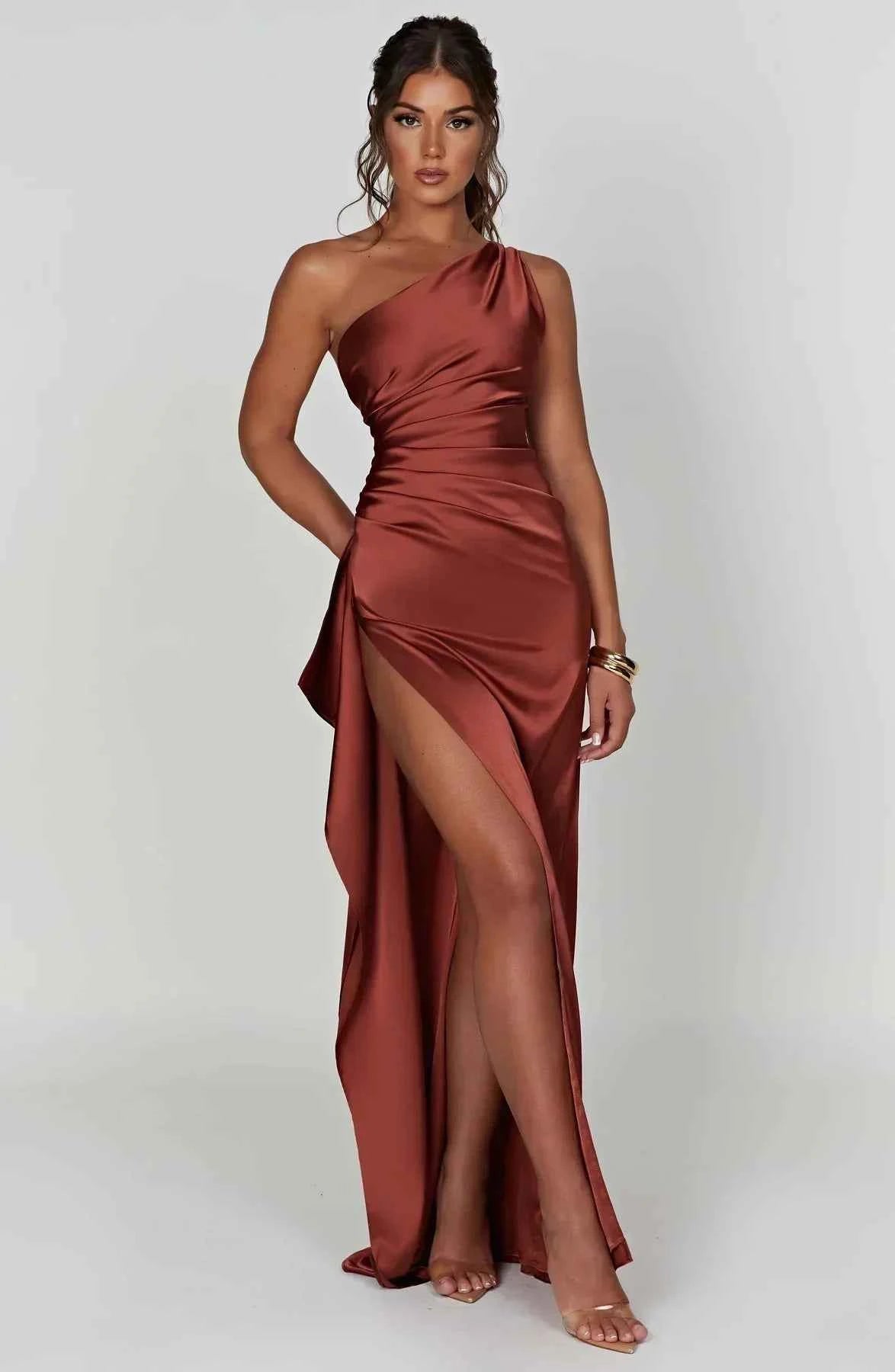 Women's Elegant Satin One-Shoulder Slit Dress Champagne