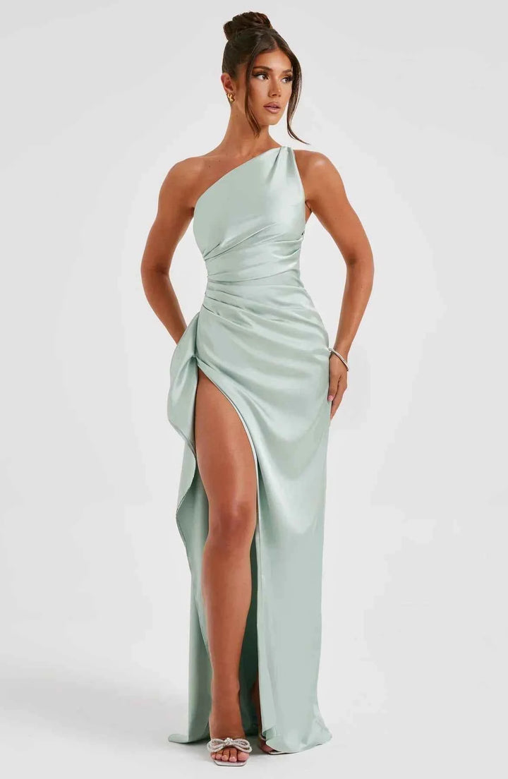 Women's Elegant Satin One-Shoulder Slit Dress