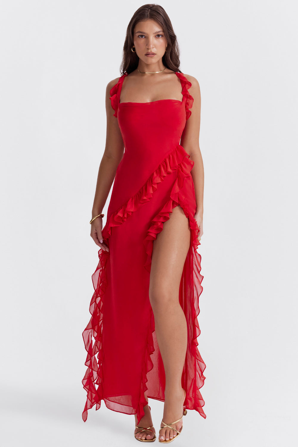 Women's Elegant One-Shoulder Evening Dress with Ruffles and High Slit Red