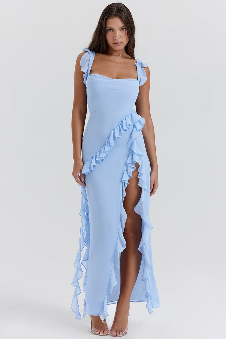 Women's Elegant One-Shoulder Evening Dress with Ruffles and High Slit Blue