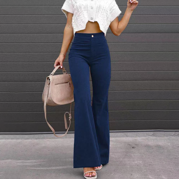 Women's High Waist Corduroy Flared Trousers – Flattering Fit Royal Blue
