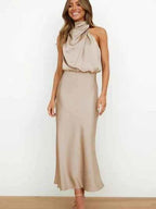 Women's Elegant Midi Evening Dress - Halter Neck, Sleeveless, Satin Finish Khaki