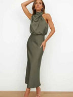 Women's Elegant Midi Evening Dress - Halter Neck, Sleeveless, Satin Finish Army Green