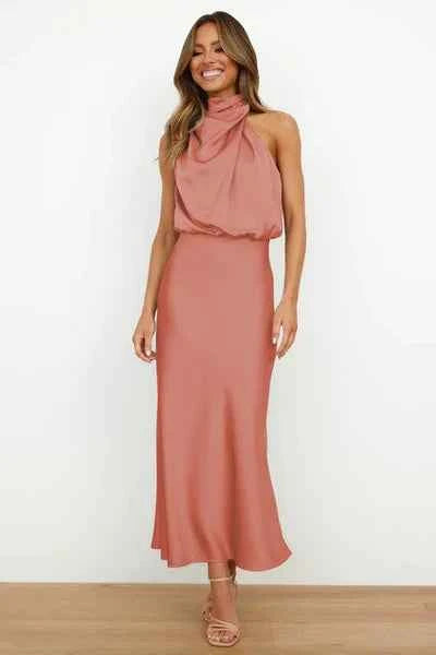 Women's Elegant Midi Evening Dress - Halter Neck, Sleeveless, Satin Finish Coral Red