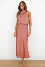 Women's Elegant Midi Evening Dress - Halter Neck, Sleeveless, Satin Finish Coral Red