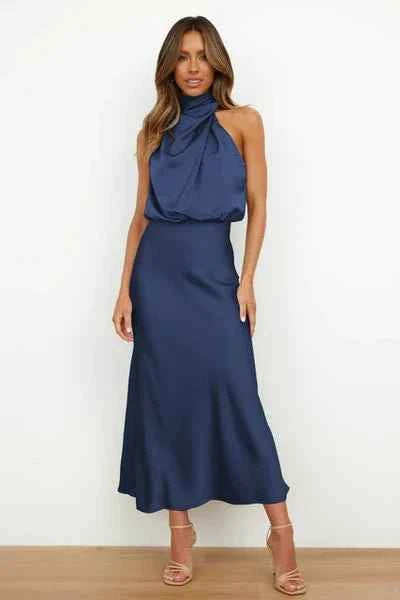Women's Elegant Midi Evening Dress - Halter Neck, Sleeveless, Satin Finish Deep Blue