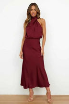 Women's Elegant Midi Evening Dress - Halter Neck, Sleeveless, Satin Finish Bordeaux Red