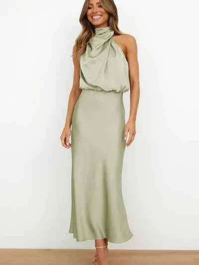 Women's Elegant Midi Evening Dress - Halter Neck, Sleeveless, Satin Finish Light Green