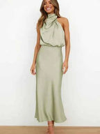Women's Elegant Midi Evening Dress - Halter Neck, Sleeveless, Satin Finish Light Green