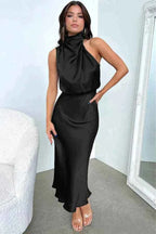 Women's Elegant Midi Evening Dress - Halter Neck, Sleeveless, Satin Finish Black