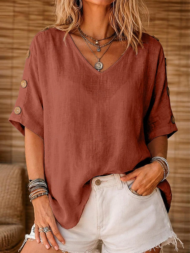 Women's Relaxed Button-Sleeve Blouse Red