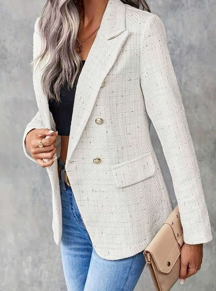 Women's Tweed Double-Breasted Notch Lapel Blazer Beige