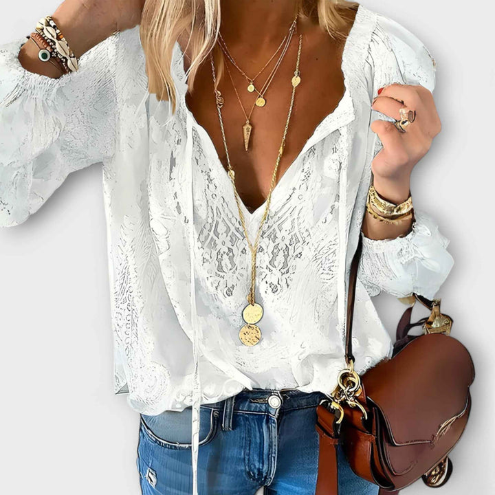 Women's Tie-Neck Openwork Blouse White
