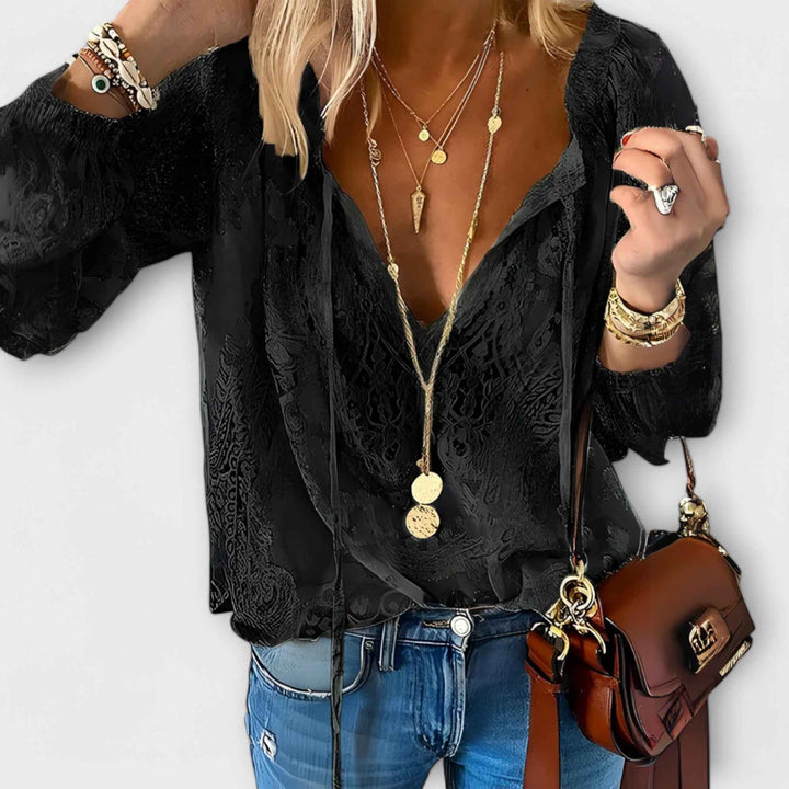 Women's Tie-Neck Openwork Blouse Black