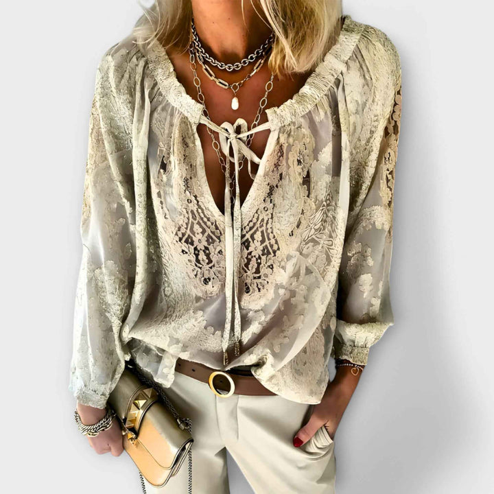 Women's Tie-Neck Openwork Blouse