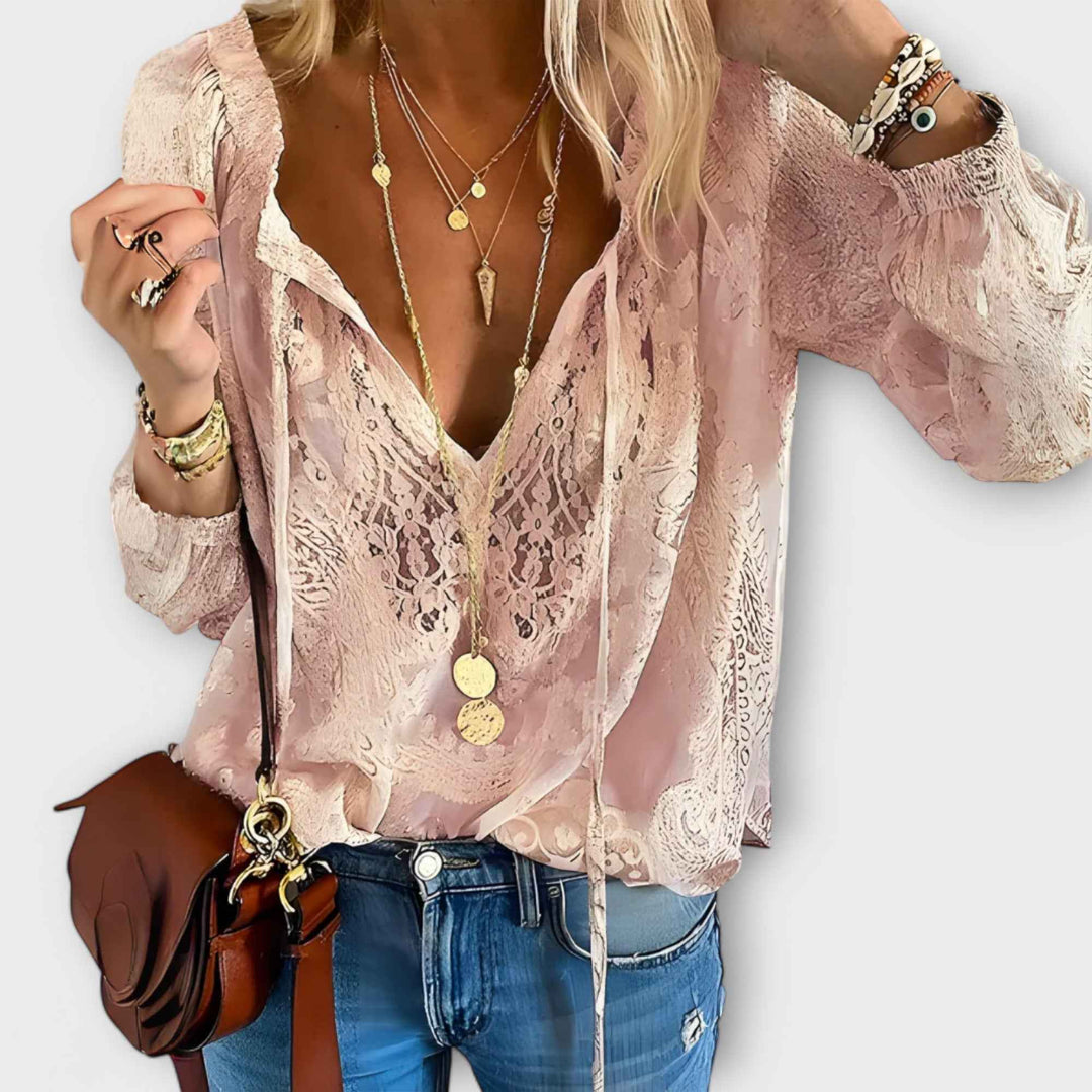 Women's Tie-Neck Openwork Blouse Pink