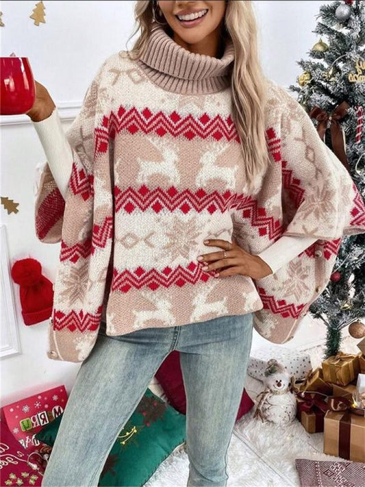 Women's Acrylic Turtleneck Oversized Relaxed Fit Geometric Turtleneck Red