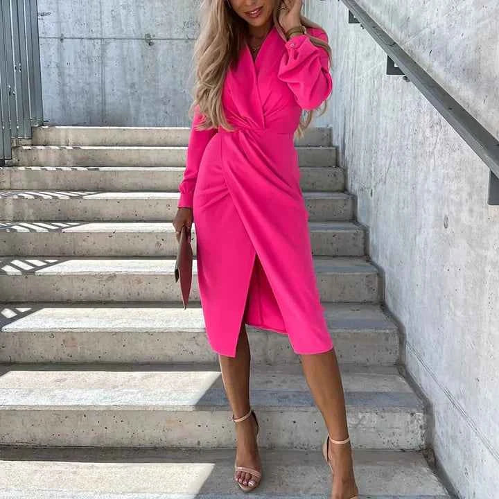 Women's Midi Wrap Dress – Elegant Slit, Long Sleeves, Tailored Fit Pink