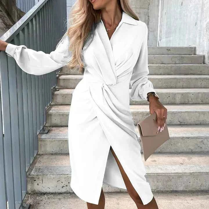 Women's Midi Wrap Dress – Elegant Slit, Long Sleeves, Tailored Fit White