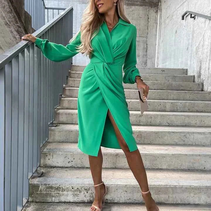 Women's Midi Wrap Dress – Elegant Slit, Long Sleeves, Tailored Fit Green