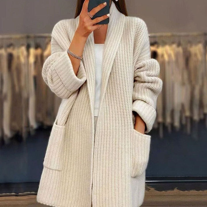 Women's Ribbed Knit Long Cardigan with Pockets Apricot