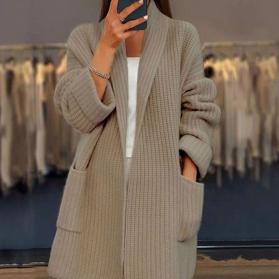 Women's Ribbed Knit Long Cardigan with Pockets Khaki