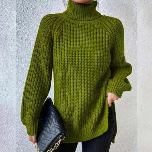 Women's Black Cotton Ribbed Knit Relaxed Fit Turtleneck Sweater Pea Green