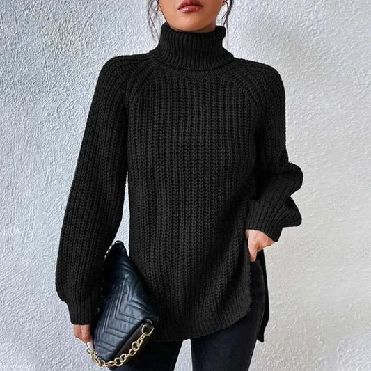 Women's Black Cotton Ribbed Knit Relaxed Fit Turtleneck Sweater Black
