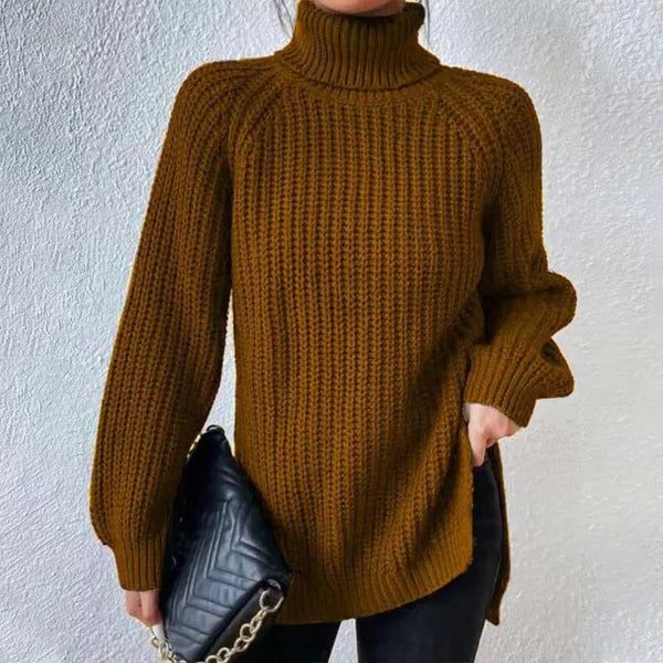 Women's Ribbed Knit Turtleneck Sweater Camel