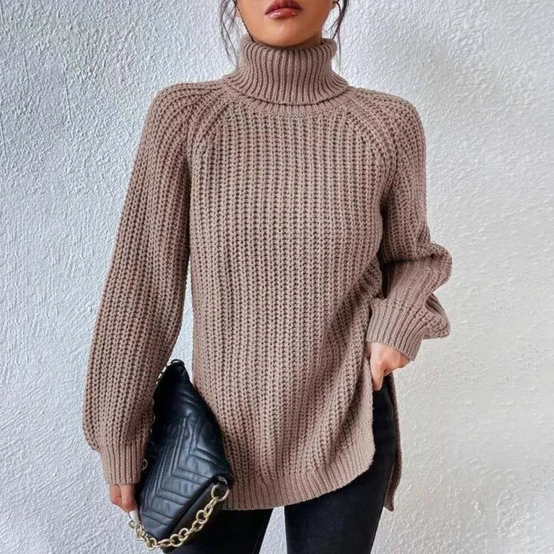 Women's Ribbed Knit Turtleneck Sweater Khaki