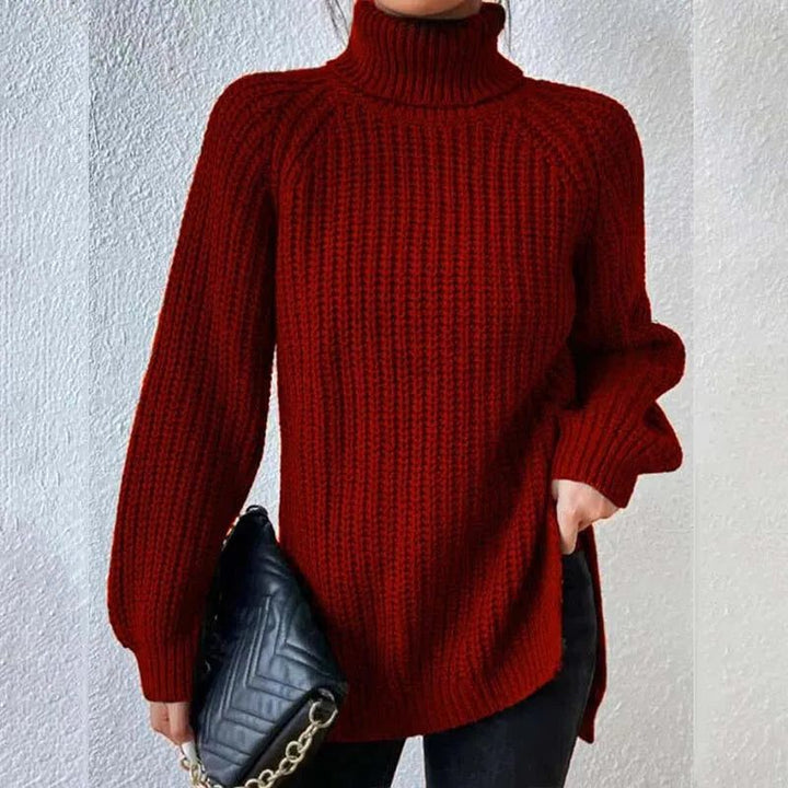 Women's Ribbed Knit Turtleneck Sweater Wine Red