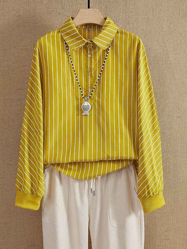 Women's Relaxed Fit Blouse – Vertical Stripes – Breathable Long Sleeve Top Yellow