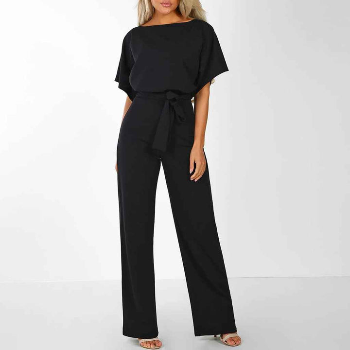 Women's Short-Sleeve Jumpsuit with Belted Waist Black
