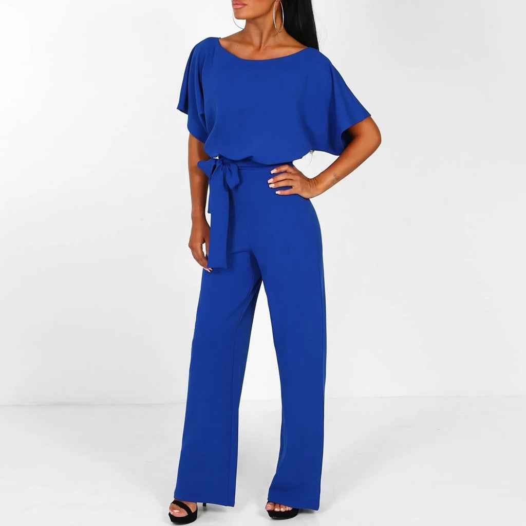 Women's Short-Sleeve Jumpsuit with Belted Waist Blue