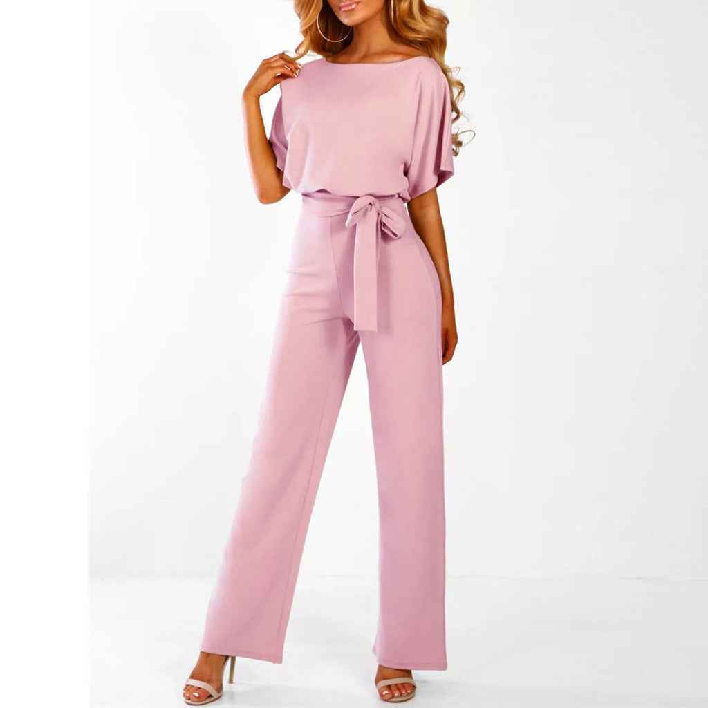 Women's Comfort Fit Jumpsuit – Short Sleeves, Wide Legs, Waist Belt Pink