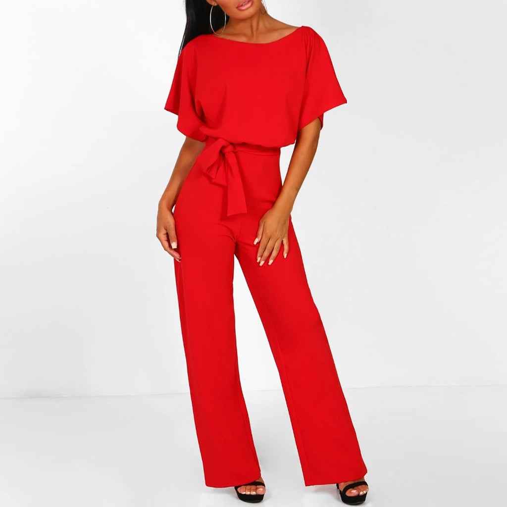 Women's Short-Sleeve Jumpsuit with Belted Waist Red