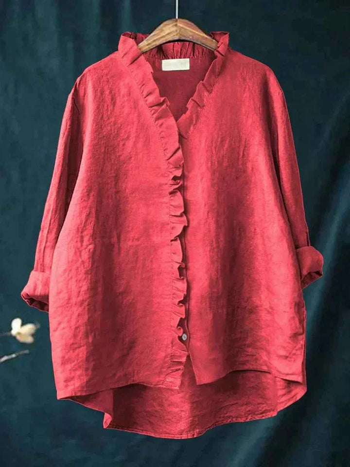 Women's Casual Ruffle V-Neck Blouse Red