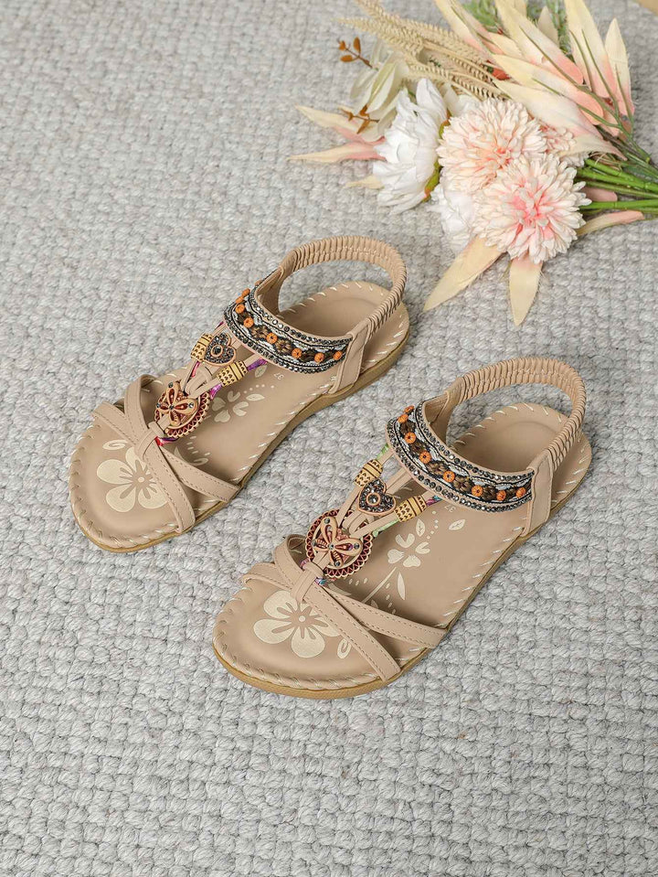 Women's Large Size Flat Bottom Flower Rhinestone Sandals Apricot