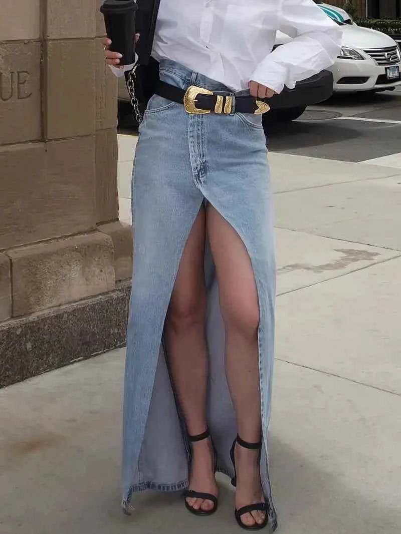Women's High Waist Denim Maxi Skirt - Front Split - Casual Elegant Style
