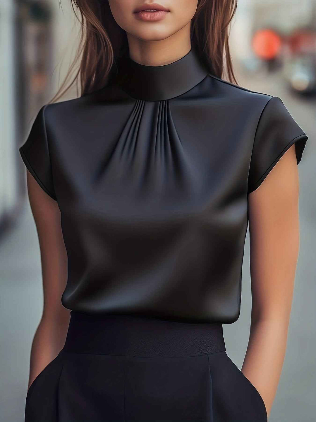 Women's Pleated Mock-Neck Blouse Black