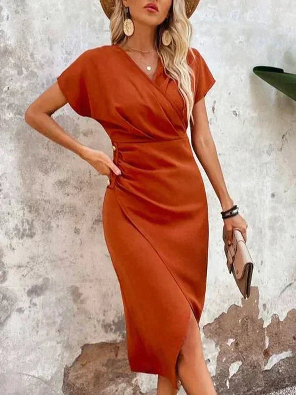 Elegant Satin Summer Midi Dress with V-Neck for Women