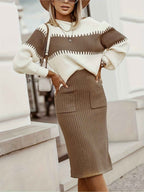 Women's Ribbed Twinset: Knitted Sweater & Pencil Skirt - Long Sleeve Comfort Fit