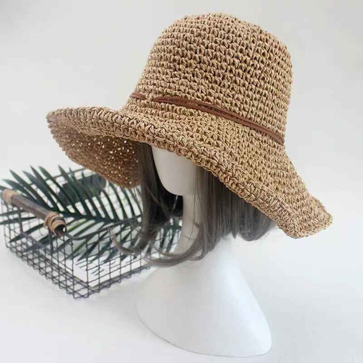 Straw Hat Sunshade Foldable Travel Beach Straw Hat Khaki One size