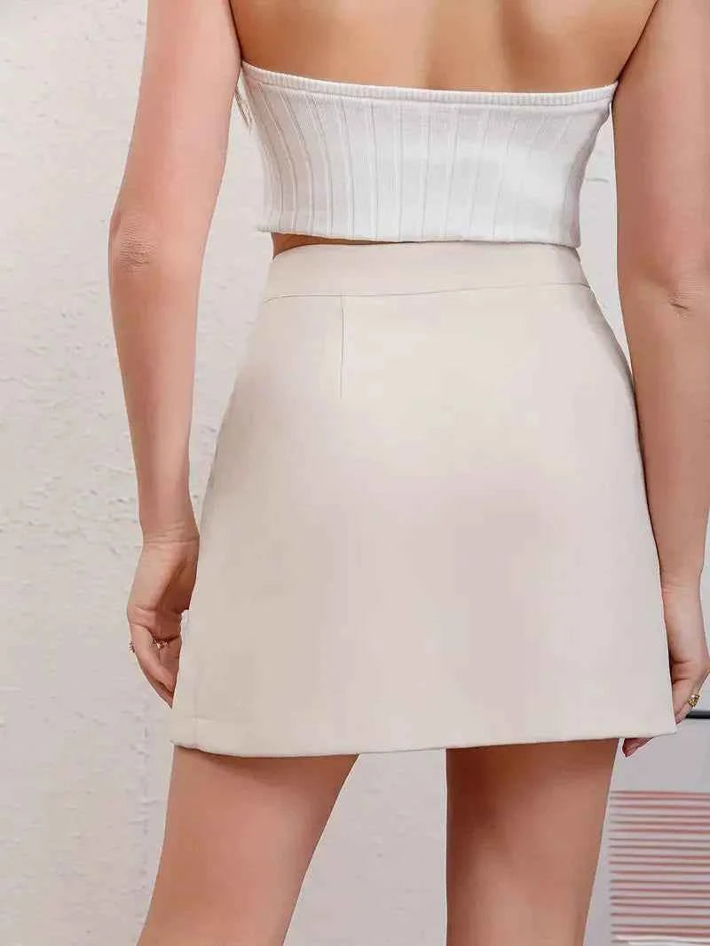 Women's High Waist Mini Skirt - Elegant Textured Fabric with Side Slit